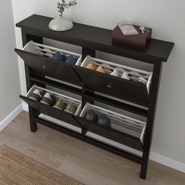 HEMNES خزانة أحذية بـ 4 حجيرات, أسود-بني, 107x22x101 سم