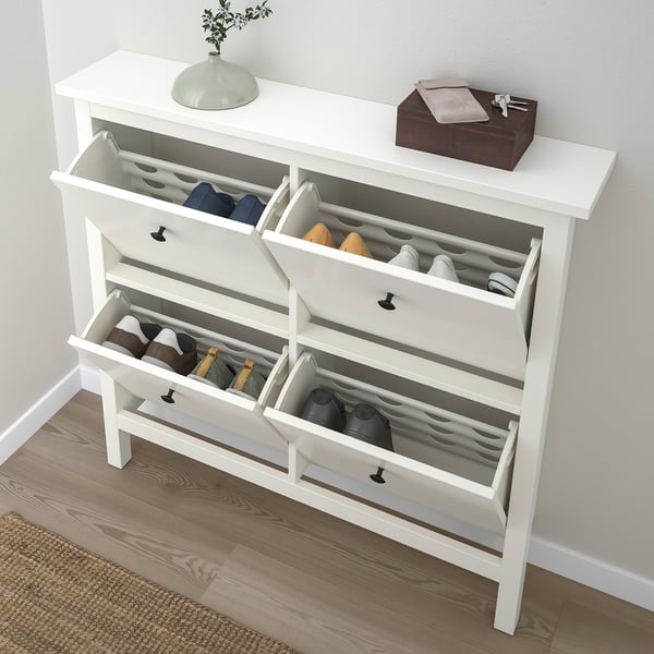 HEMNES خزانة أحذية بـ 4 حجيرات, أبيض, 107x22x101 سم