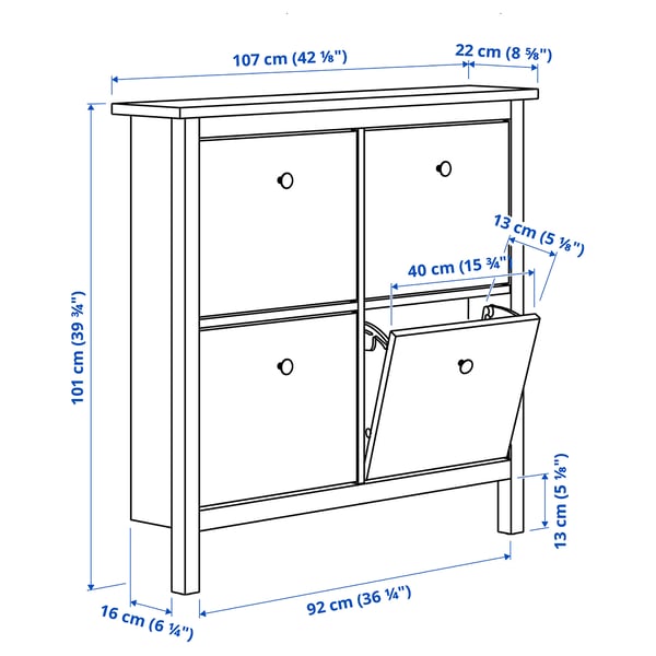 HEMNES خزانة أحذية بـ 4 حجيرات, أبيض, 107x22x101 سم