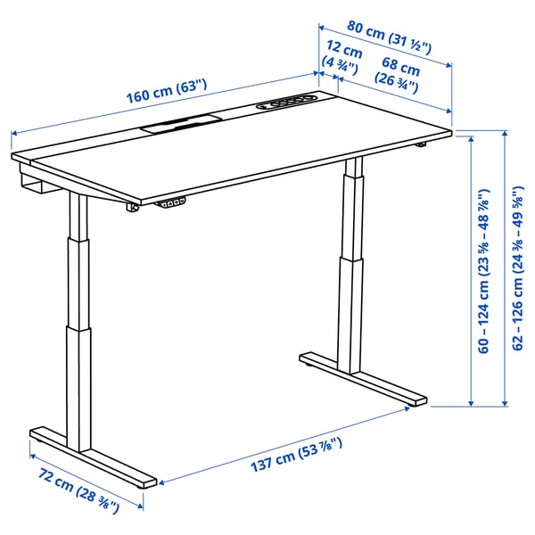 MITTZON طاولة جلوس/وقوف, كهربائي أبيض, 160x80 سم