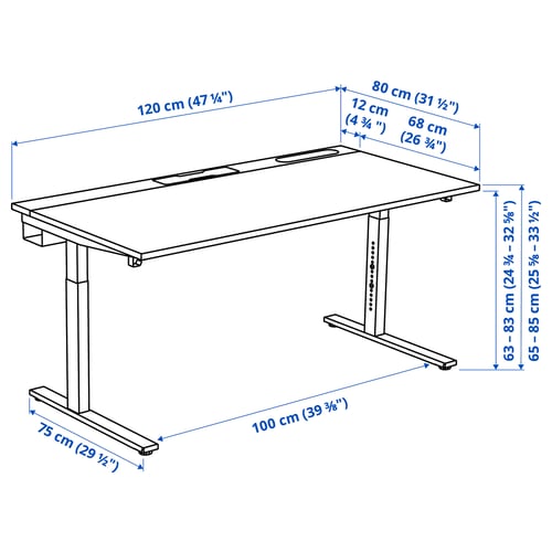 MITTZON مكتب, أبيض/أسود, 120x80 سم