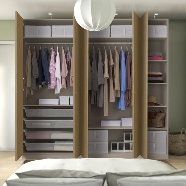 PAX / STORKLINTA تشكيلة خزانة ملابس., رمادي-بيج/شكل السنديان, 250x60x236 سم