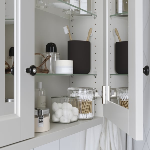 TÄNNFORSEN خزانة بمرآة بأبواب, رمادي فاتح, 80x15x95 سم
