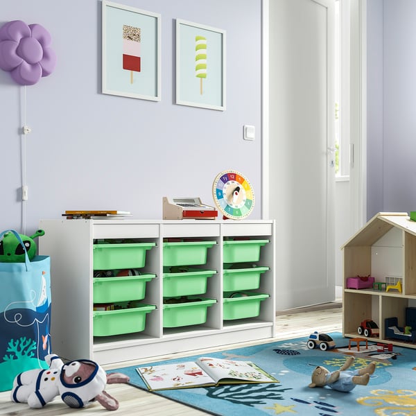 TROFAST تشكيلة تخزين مع صناديق, أبيض/أخضر فاتح, 99x44x56 سم