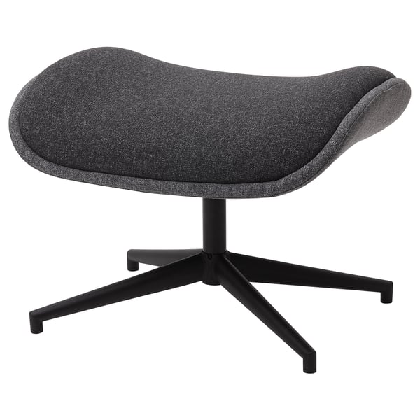 Modern grey fabric footstool with black metal star base, sleek and compact design, versatile for seating or resting feet.