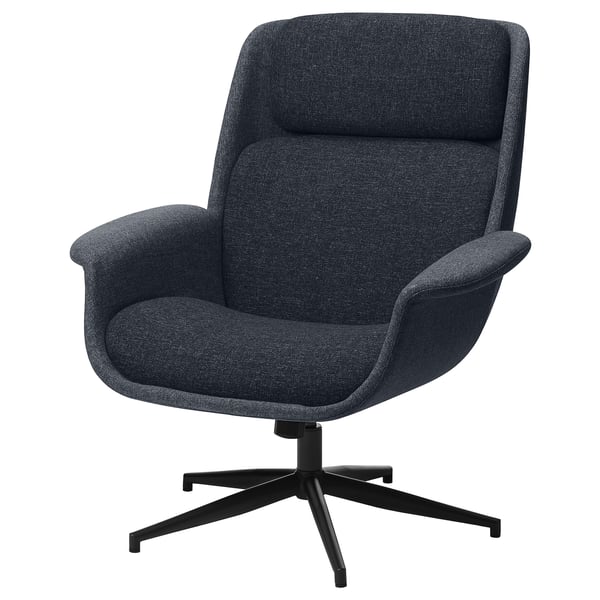 ÄLEBY swivel armchair in dark grey fabric, plush and comfortable with adjustable tilt resistance. Black star base for stability.