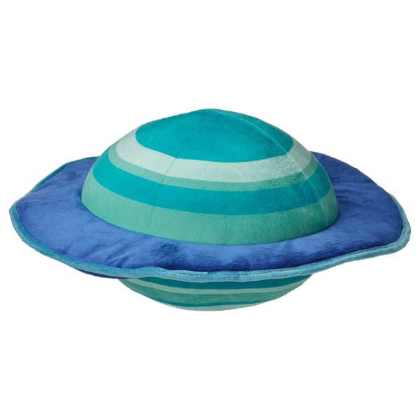 Ufo-shaped blue & teal cushion, recycled polyester.