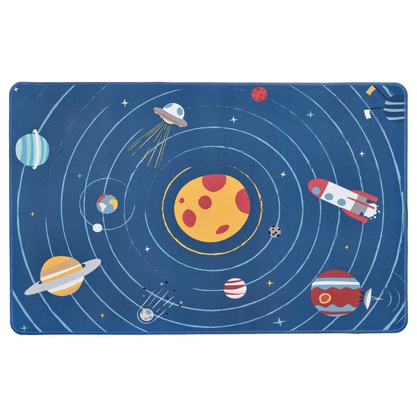 Space-themed blue desk pad with planets, rockets, and stars. Circular design, durable recycled polyester.