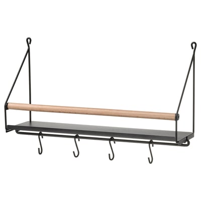 ÅKERBRUK: wall organiser, black metal & beech wood, shelf with hooks, traditional style.