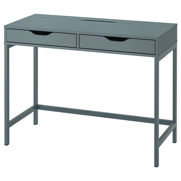 An ALEX desk in blue. Its rectangular with two drawers, metal legs, and a sleek design.