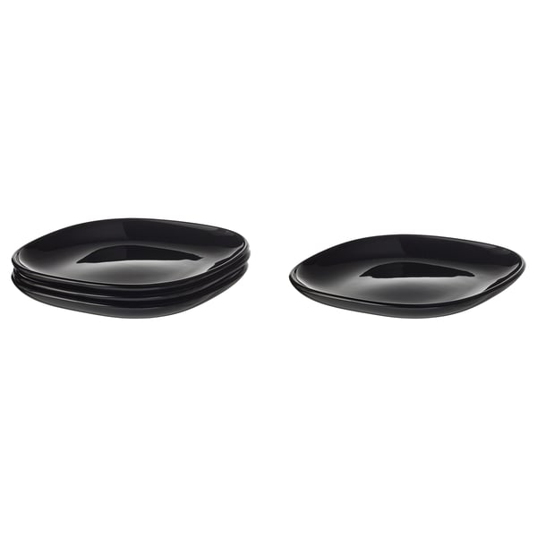 Two sets of modern, square, black tempered glass plates stacked neatly, perfect for stylish dining.