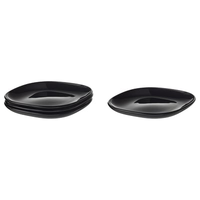 Two sets of modern, square, black tempered glass plates stacked neatly, perfect for stylish dining.