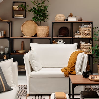 Modern living room with BACKSÄLEN armchair, throw, and bookshelves with plants.