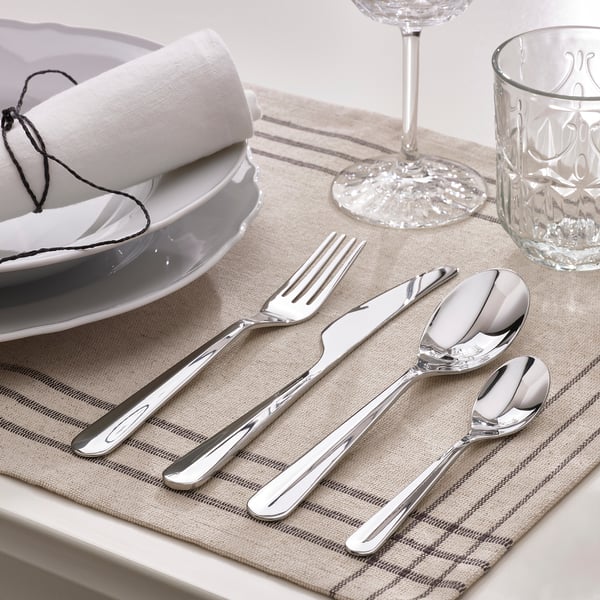 Elegant cutlery set on a table. Includes fork, knife, and spoons, arranged neatly for dining.