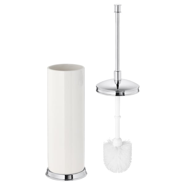 White BALUNGEN toilet brush holder with chrome base/lid and brush with chrome handle/white bristles.