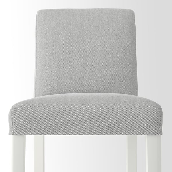 Modern bar stool with grey tweed-like cover, white legs, and ergonomic design. Comfortable and stylish for dining.