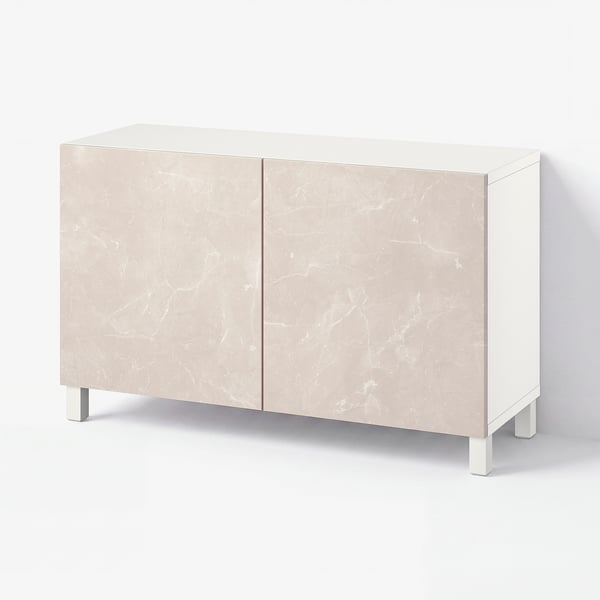 BESTÅ Storage combination with doors, white Bergsviken/Stubbarp/beige marble effect, 120x42x74 cm