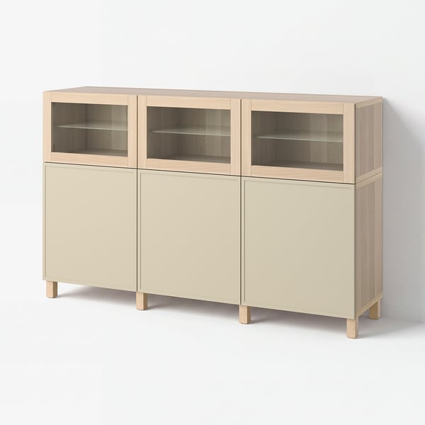 BESTÅ Storage combination with doors, white stained oak effect/Krukmakare beige, 180x42x112 cm