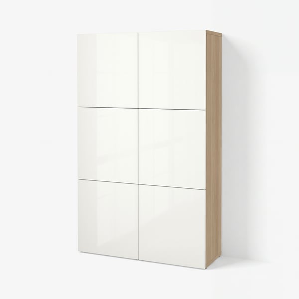 BESTÅ Storage combination with doors, white stained oak effect/Selsviken high-gloss/white, 120x42x193 cm