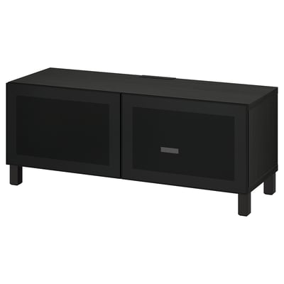 Black BESTÅ tv unit with two mesh doors, square legs, modern design for cable management.