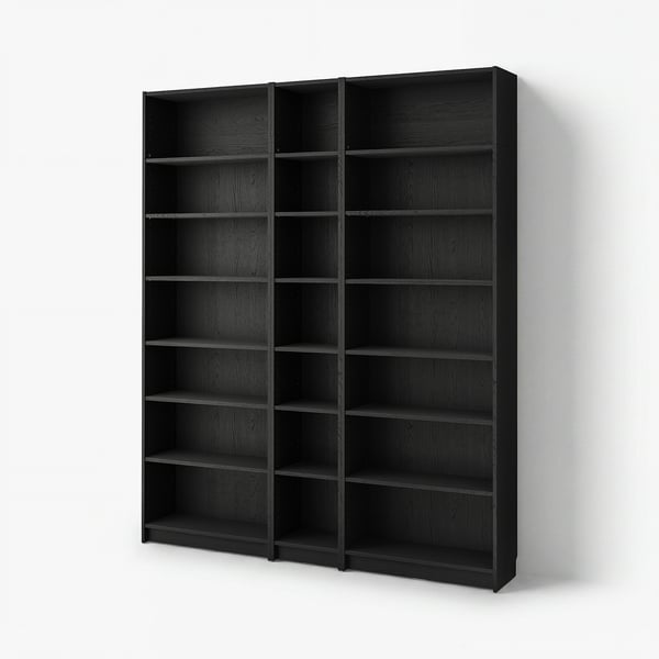 Black BILLY bookcase, modern, wall-mounted, with multiple empty shelves.