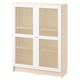 A white BILLY bookcase with bamboo door panels in a grid pattern. The bookcase has a rectangular shape with four doors.