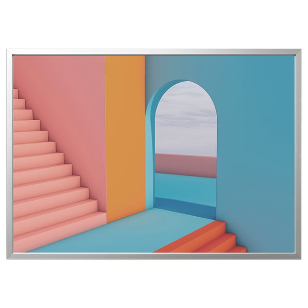 Art: abstract room with pink steps, blue walls, & orange arch.