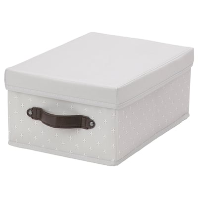 White patterned storage box with recycled polyester fabric and brown handle, rectangular shape.