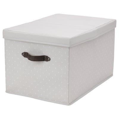 Grey fabric storage box with brown handle, star pattern, foldable lid.