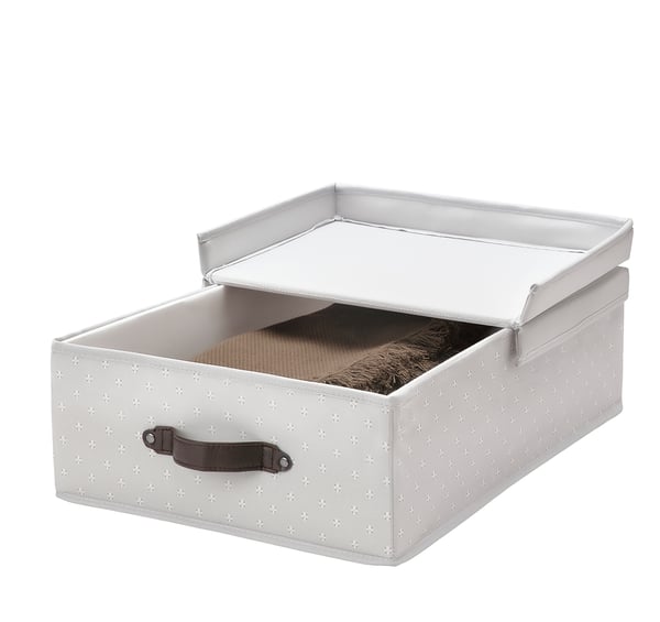 A light grey BLÄDDRARE storage box with a foldable lid and a leather-like handle.