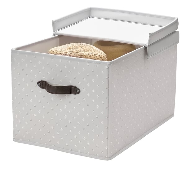 Grey BLÄDDRARE storage box with patterned fabric, leather-like handle, and foldable lid.