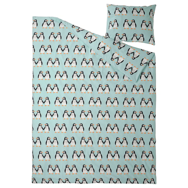 BLÅVINGAD penguin bedding set - light blue, cotton-viscose, penguin pattern with fish.
