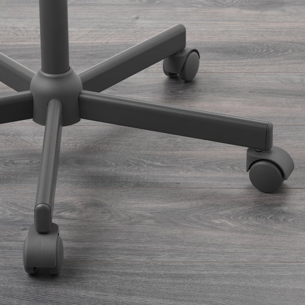 Five black swivel casters on a sturdy metal base designed for an office chair.