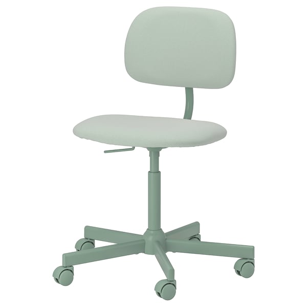 BLECKBERGET chair: light green, adjustable, cushioned seat & back, swivel base with wheels.