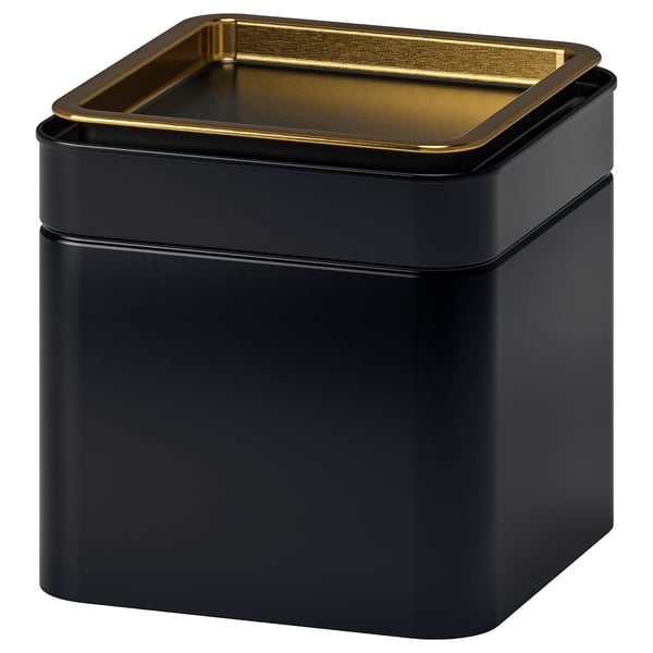 BLOMNING black tin with gold lid, square shape, metal, stores dried foods.