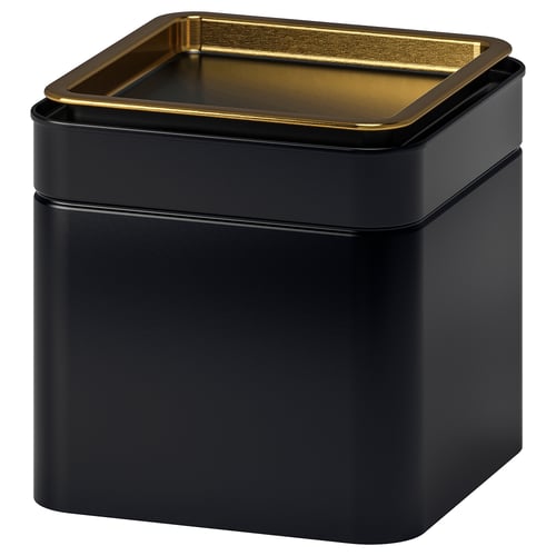BLOMNING black tin with gold lid, square shape, metal, stores dried foods.