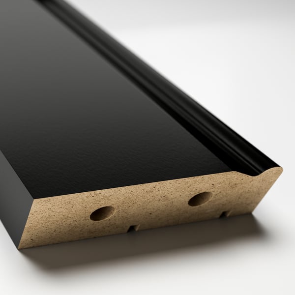 Close-up of a dark kitchen plinth with two holes, showcasing quality material and design.