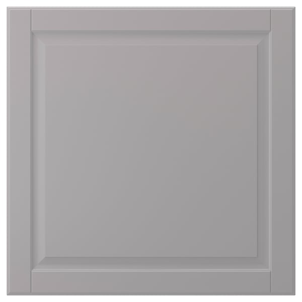 Grey square BODBYN cabinet door with bevelled panel, lacquered finish.