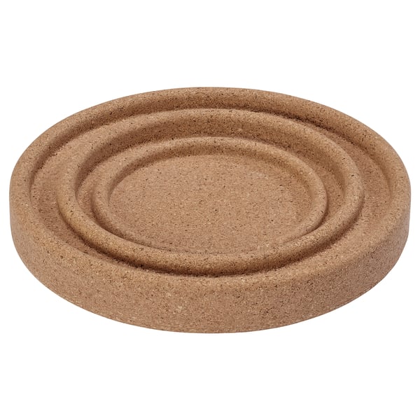 A round cork coaster with a raised edge, designed to hold plates, mugs, and bowls, preventing spills and protecting surfaces.
