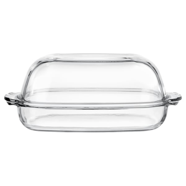 A transparent glass baking dish with a lid. It has two handles and is rectangular.