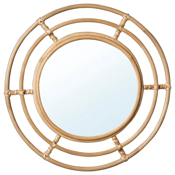 BUSKBO wall mirror, circular, woven rattan frame, natural colour, handcrafted.