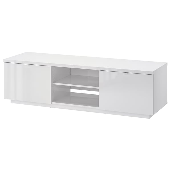 White BYÅS tv unit, sleek design, open/closed storage, glossy particleboard/fibreboard, media storage.