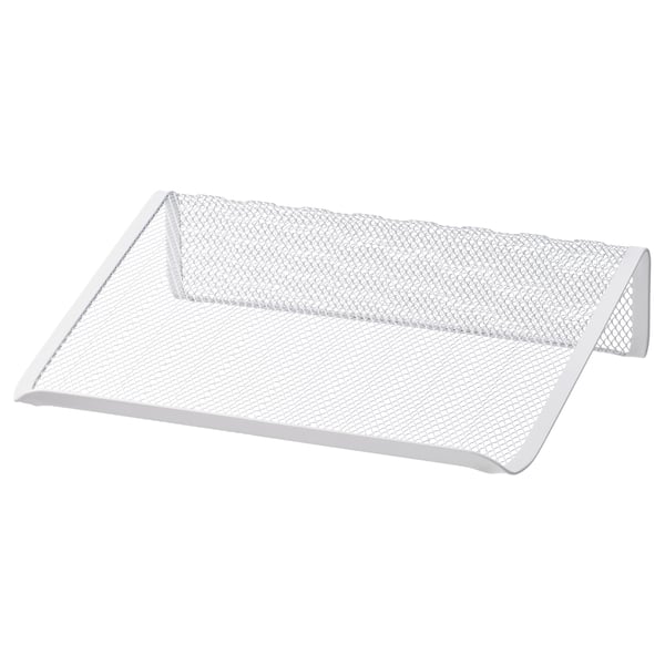 A white, mesh metal DRÖNJÖNS laptop stand. Its angled design elevates the laptop for better viewing and airflow.