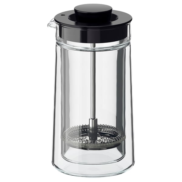 Black EGENTLIG double-walled glass coffee/tea maker with black plastic lid and stainless steel strainer, standing upright.