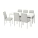 EKEDALEN dining table with 6 light grey chairs, extendable, sleek design.