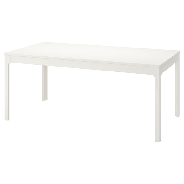 EKEDALEN white dining table, rectangular, minimalist design with four straight legs.