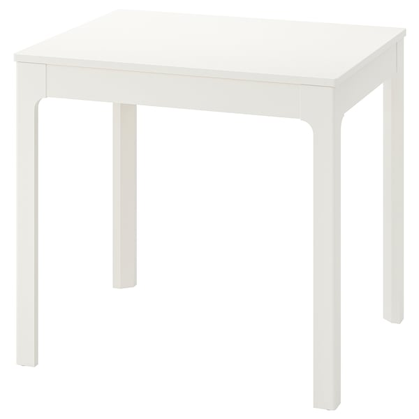 A white EKEDALEN extendable dining table with a square shape, four straight legs, and a smooth surface.