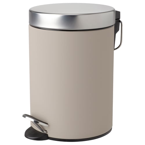 An EKOLN rubbish can in beige with a stainless steel lid and pedal. Rounded design with a handle on back.