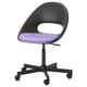 Depicts a black and purple elbjerget office chair with wheels, padded seat, and adjustable height.