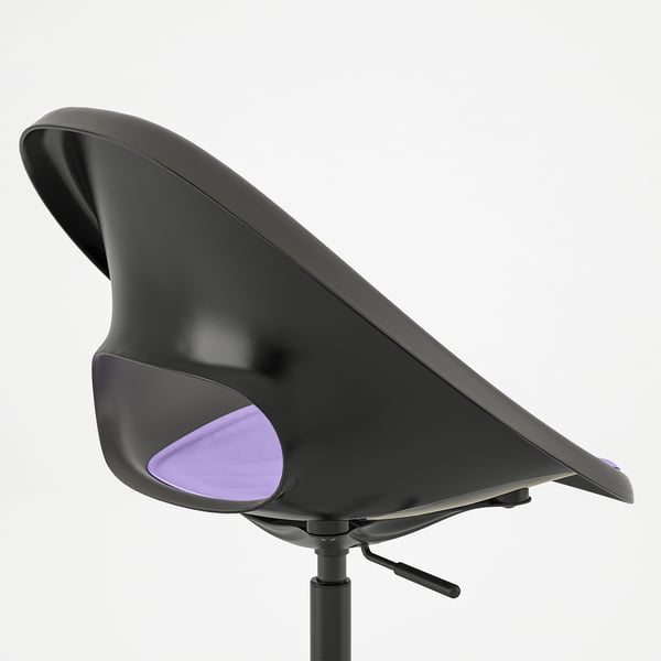 Modern office chair with sleek black seat and purple accents, adjustable height.